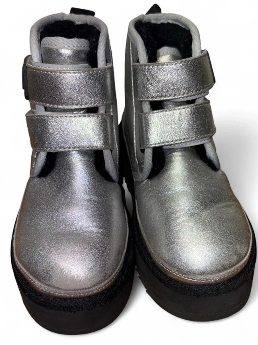 UGG Kids Metallic Silver Platform Boots with Velcro Straps